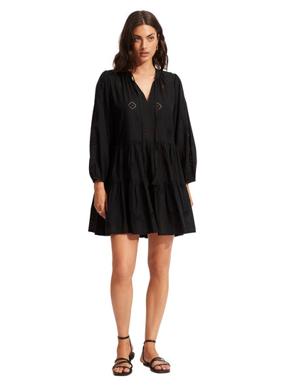 Seafolly Embroidery Tiered Dress In Black - Beach 2 Bar London