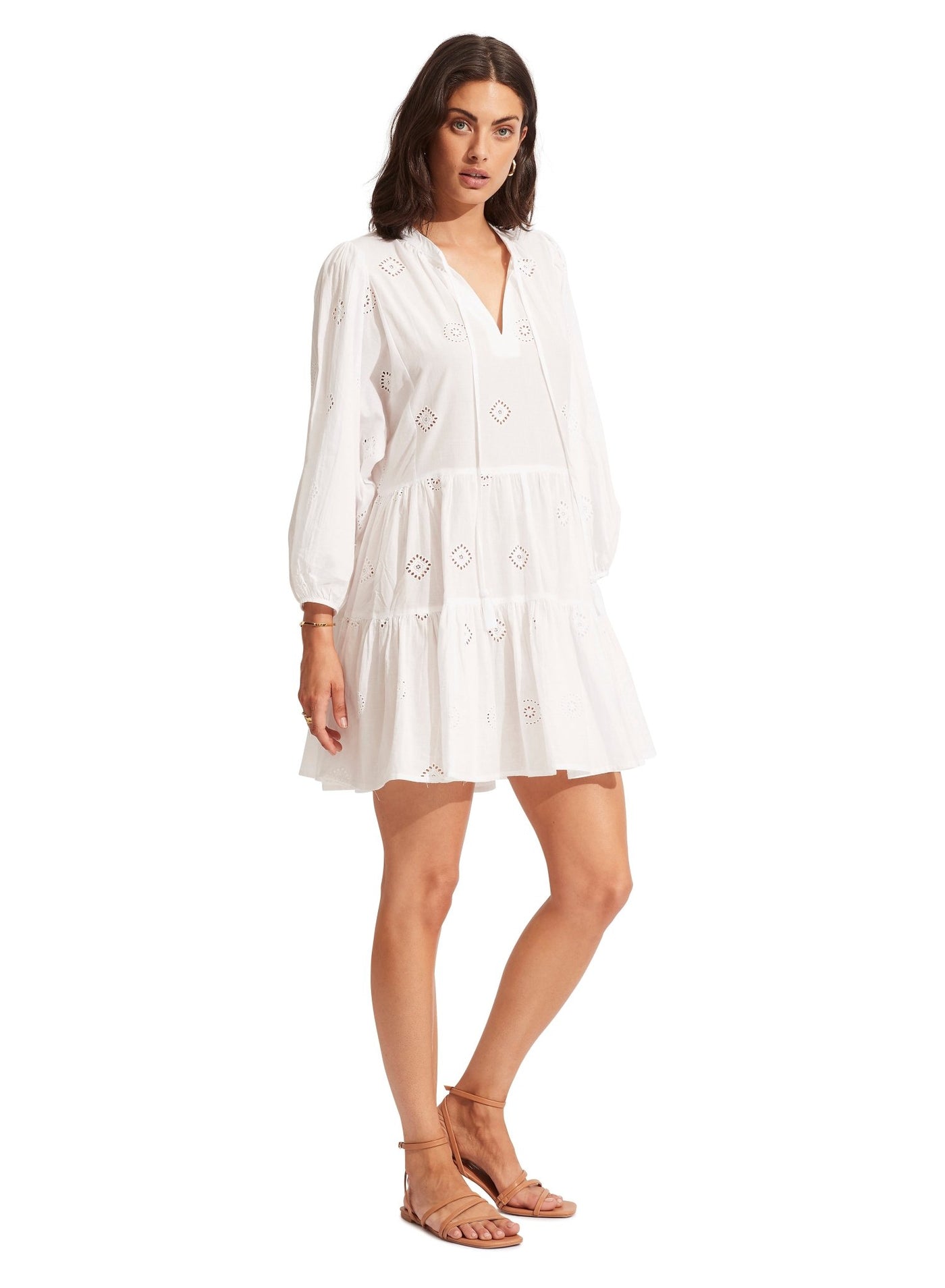 Seafolly Embroidery Tiered Dress In White - Beach 2 Bar London