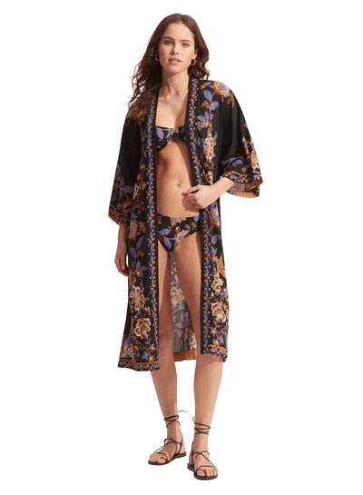 Seafolly Silk Road Kimono In Black - Beach 2 Bar London