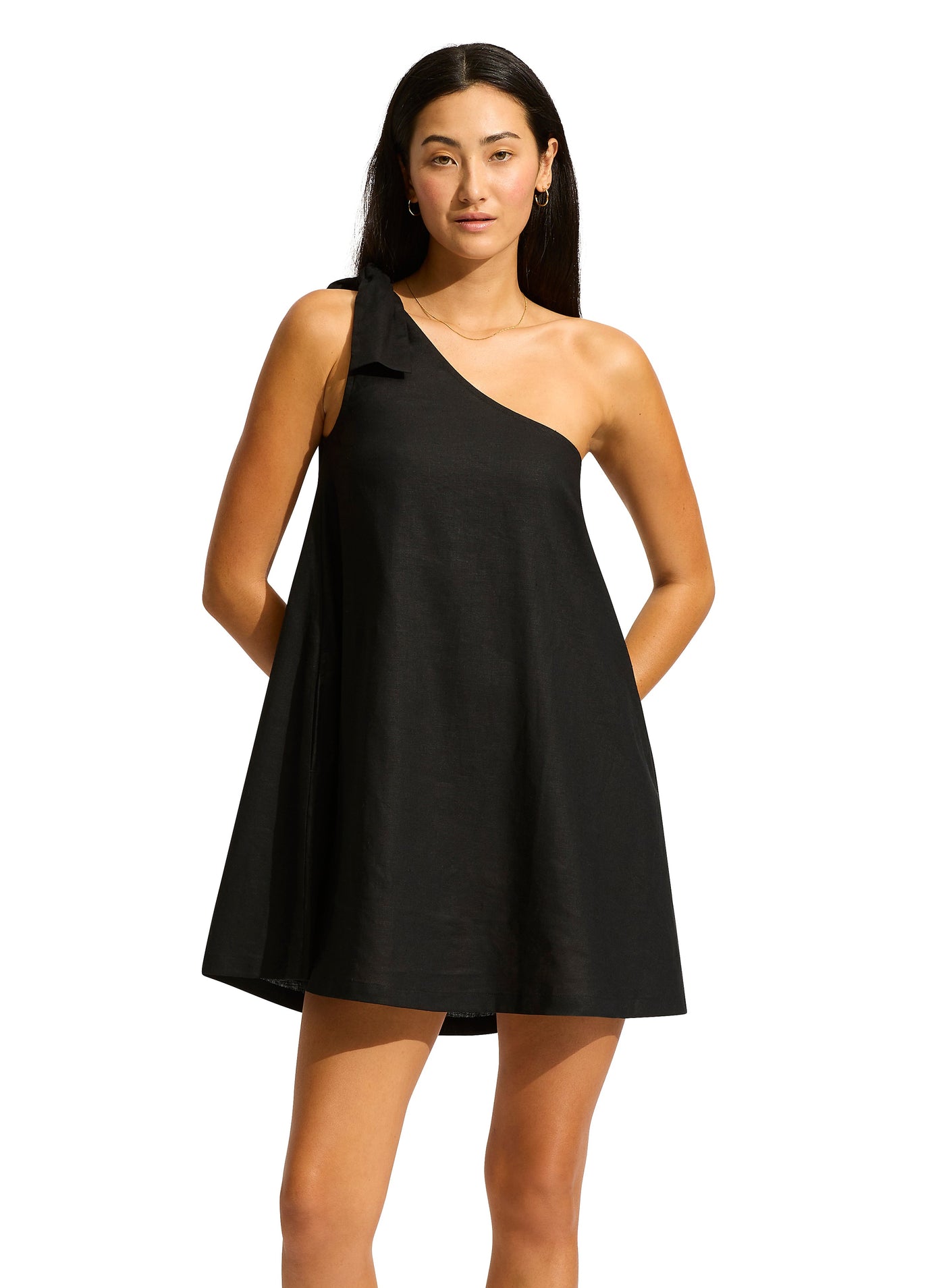 Seafolly One Shoulder Mini Dress In Black