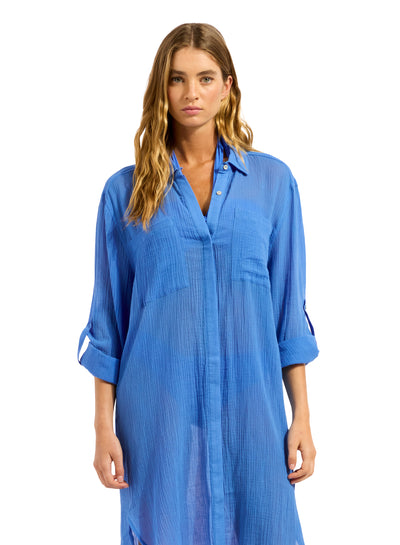 Seafolly Crinkle Twill Beach Shirt In Sapphire