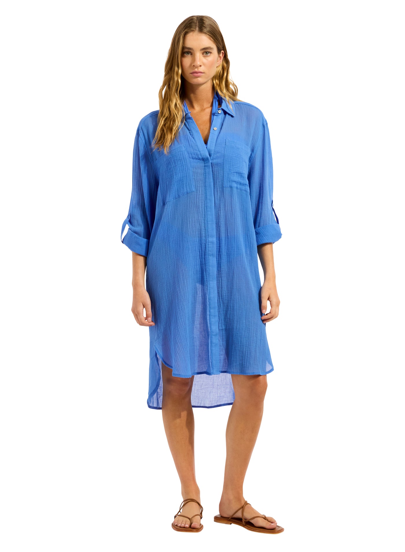 Seafolly Crinkle Twill Beach Shirt In Sapphire