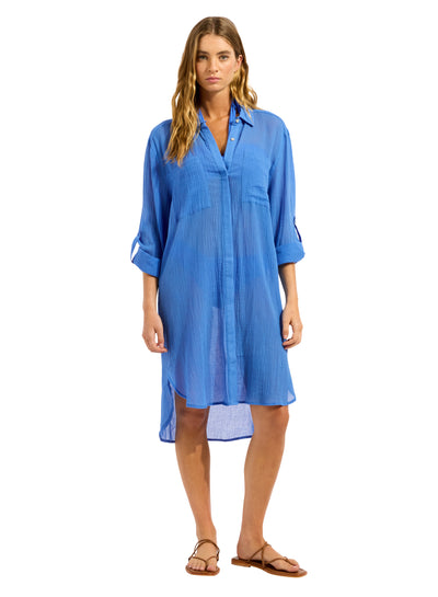 Seafolly Crinkle Twill Beach Shirt In Sapphire