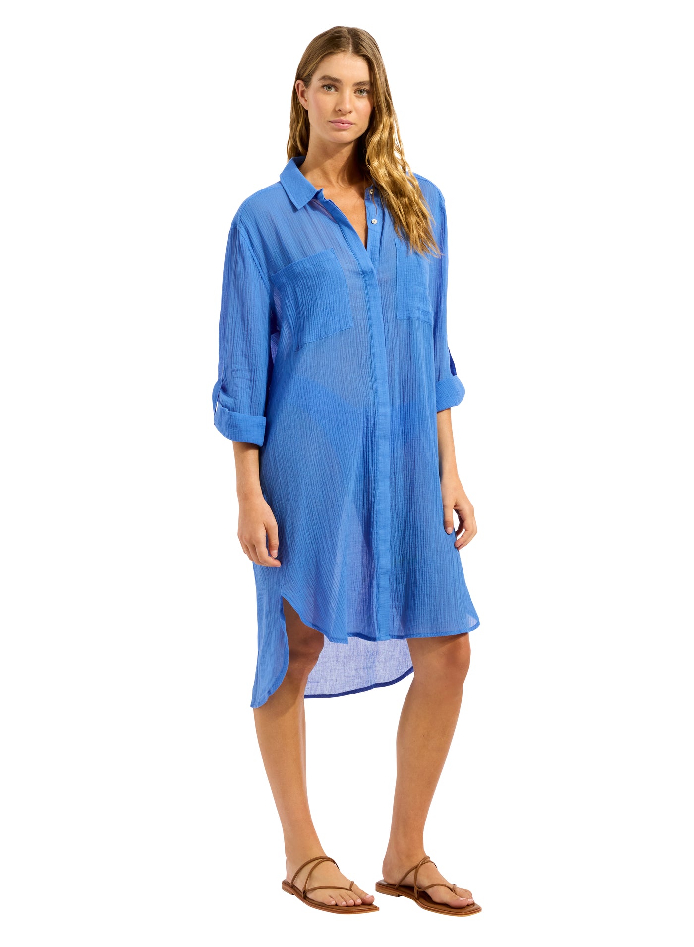 Seafolly Crinkle Twill Beach Shirt In Sapphire