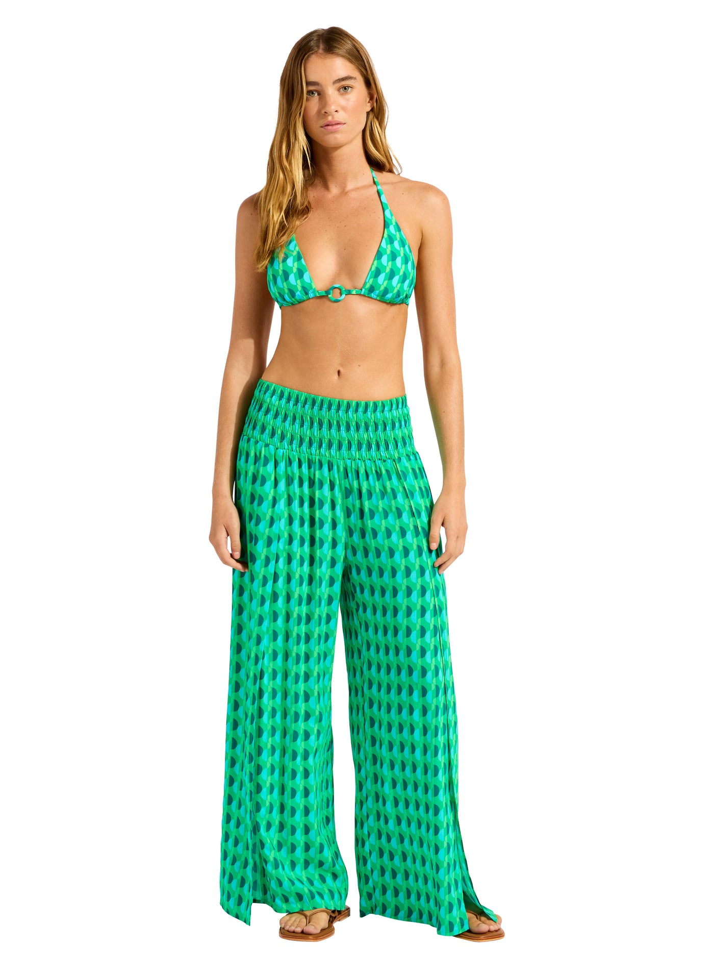 Sorrento Shirred Waist Wrap Pant In Green