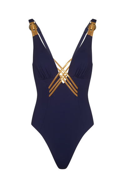 Naia Beach Raquel Swimsuit In Navy And Gold