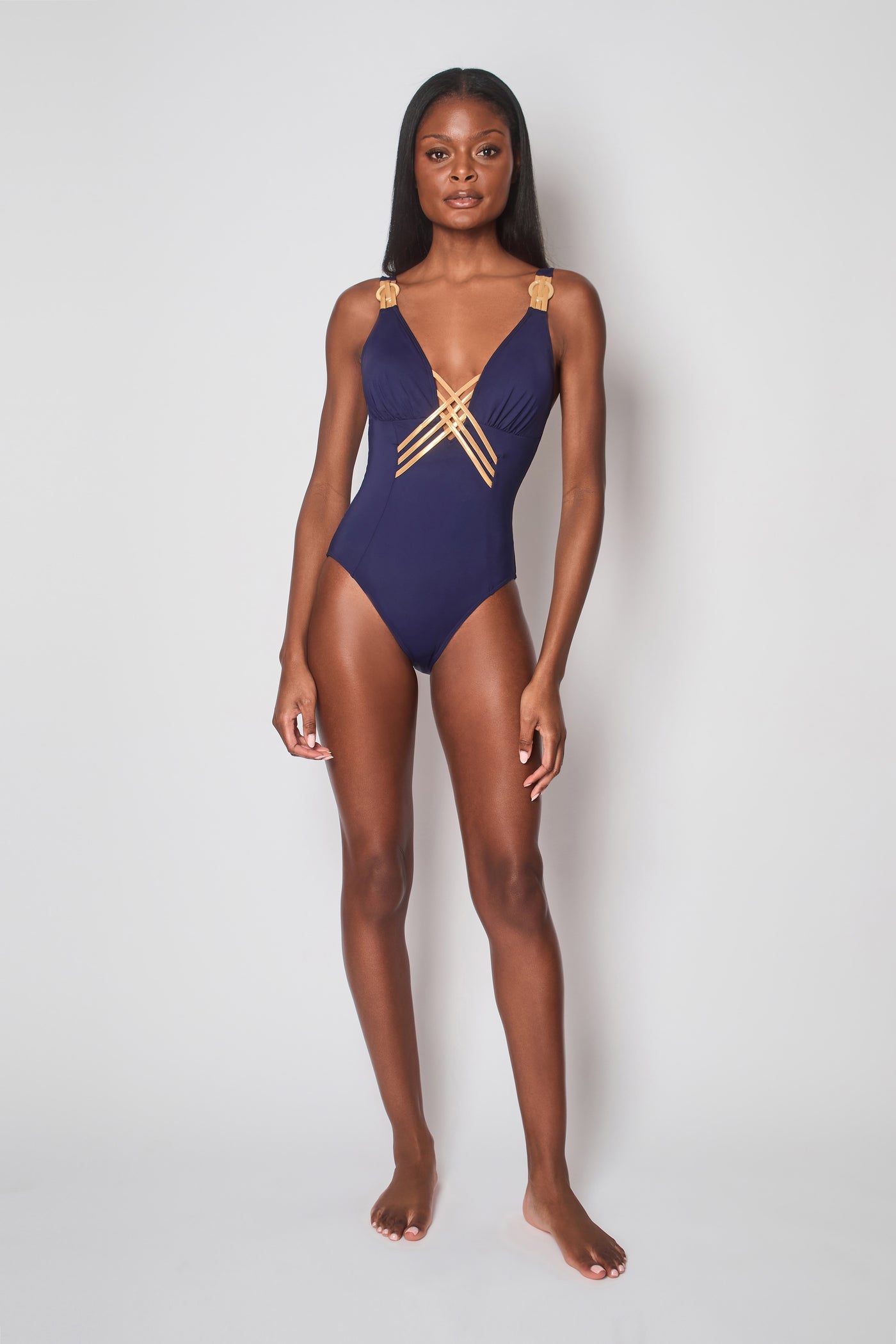 Naia Beach Raquel Swimsuit In Navy And Gold