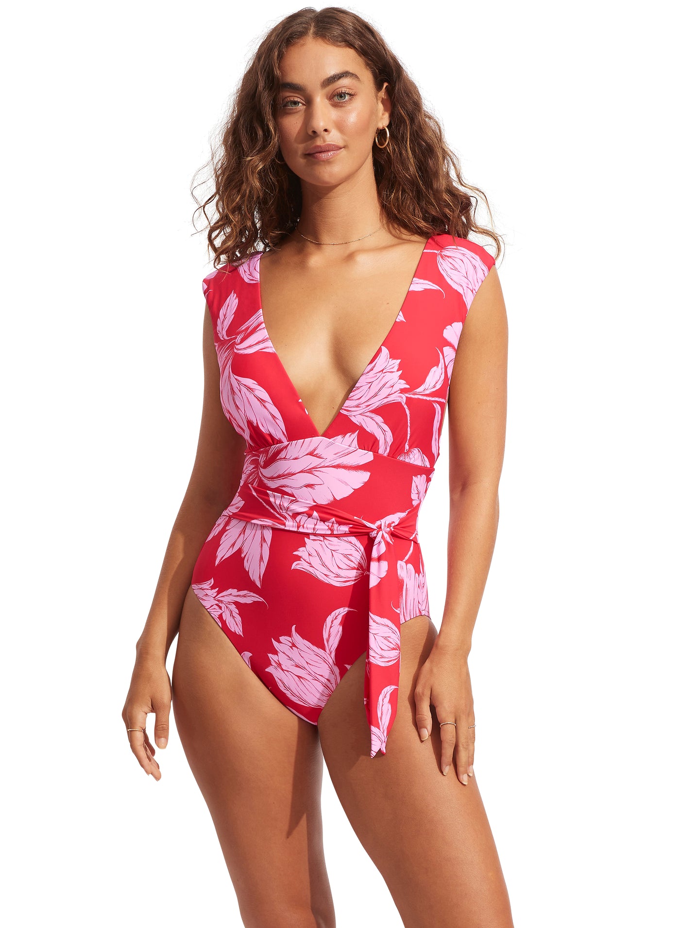 Seafolly Fleur De Bloom V Neck One Piece In Chilli Red